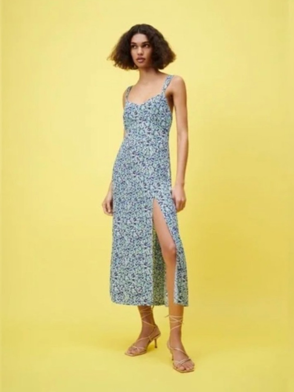 Zara Blue Floral Sweetheart Midi Dress with Side Slit